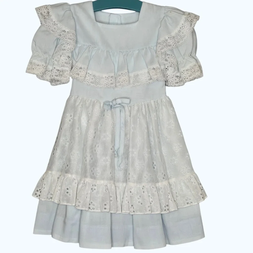 Vtg Martha's Miniatures Girls 5 Blue Lace Apron Dress Circle Skirt Twirl Prairie